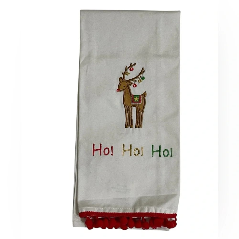 White Holiday Guest Towel Embroidered Reindeer HO HO HO Red Pom Pom Trim